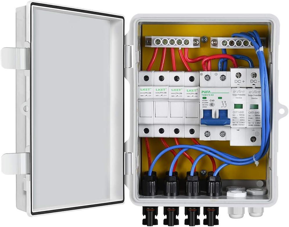 ECO-WORTHY 4 String PV Combiner Box with Lightning Arreste, 12A Rated Current Fuse and Circuit Breakers for On/Off Grid Solar Panel System