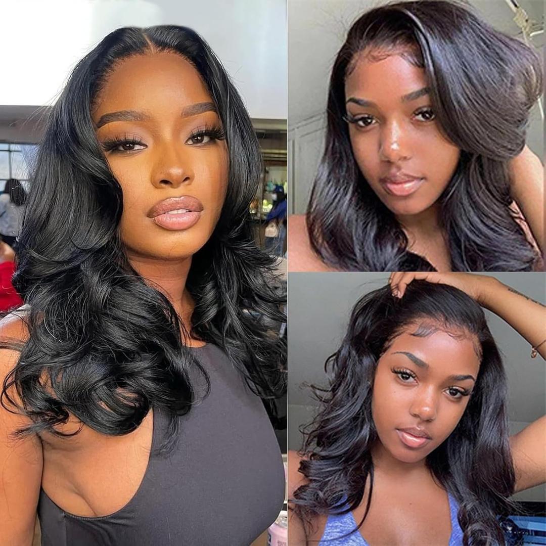 UVVUVV 4x4 Body Wave Lace Front Wigs Human Hair 180% Density 16 Inch Lace Frontal Wigs Human Hair Pre Plucked HD Transparent Short Body Wave Wigs for Women Natural Black Color16inch