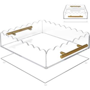 * Scalloped Acrylic Tray Magnetic Bottom,Scallop Acrylic Tray with Handles,Bottom Replaceable Photos,Art Paper,Messages,Square,Decor for Bedroom,Vanity,Office (12" x 10" x 2.8")