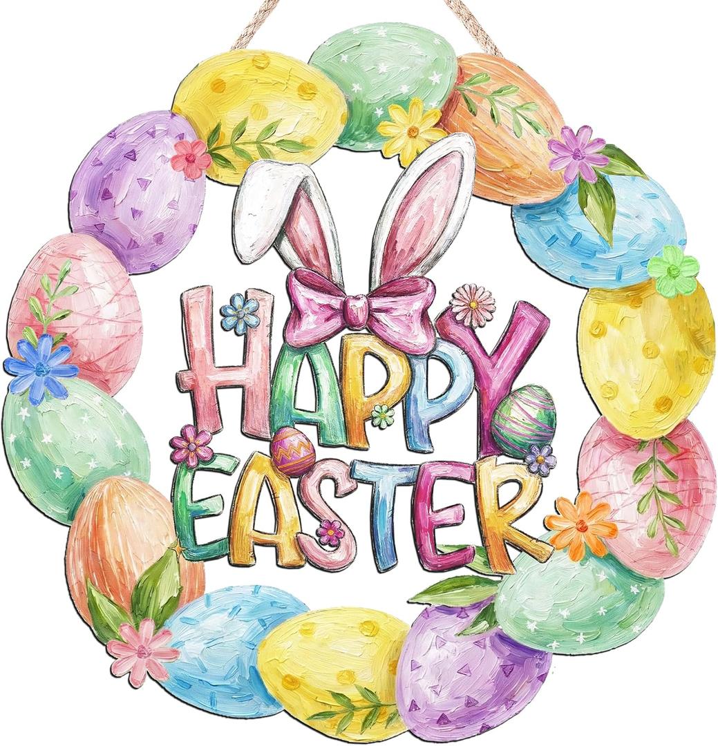 2 x Easter Decoration Wooden Door Wreath for Front Door Sign Cute Bunny Flower Eggs Wooden Door Hanger Rabbit Spring Decoration Happy Easter Welcome Hanging Sign for Outdoor Indoor Wall Home Decor