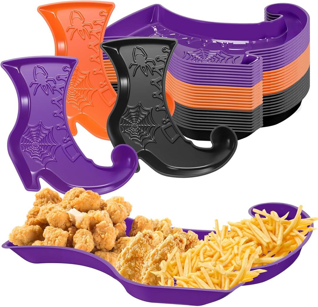 Uiifan Witch Party Decorations 24 Pcs Witch Boot Serving Trays Halloween Birthday Party Supplies Halloween Plastic Plates Disposable Dinnerware Plates Black Orange Purple Table Decor
