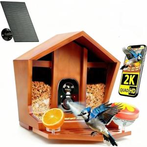Smart Bird Feeder with Camera Solar Powered AI Identification 10,000+ Bird 2K UHD Video Live Instant Arrival Alerts and Real-Time Motion Detection Weatherproof Bamboo for Outdoor Birds Lovers