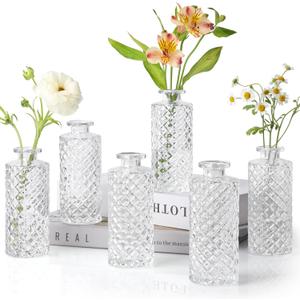 ComSaf Glass Bud Vases Set of 6, Small Diamond Bud Vases in Bulk, Mini Flowers Vases for Centerpieces, Vintage Bottle for Table Decorations, Wedding Decor, Recepetion, Home, (Clear)
