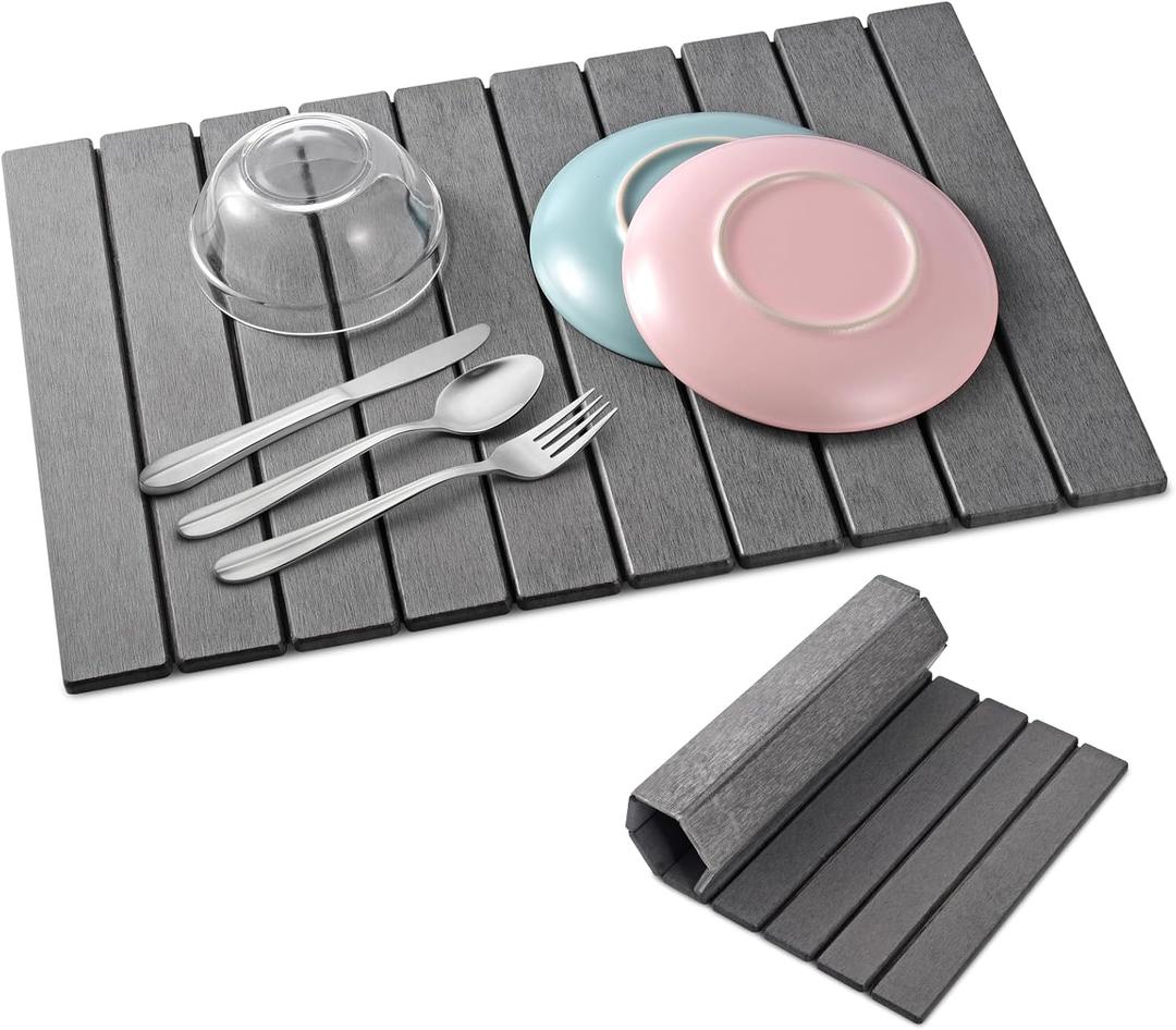 cuomaop Stone Drying Mat for Kitchen Counter Large, Foldable Quick Dry Diatomaceous Earth Mat for Dishes Bottles Cups, Absorbent Collapsible Stone Dish Drying Mat for Countertop Bathroom 23" x 15.3" (Dark Gray)