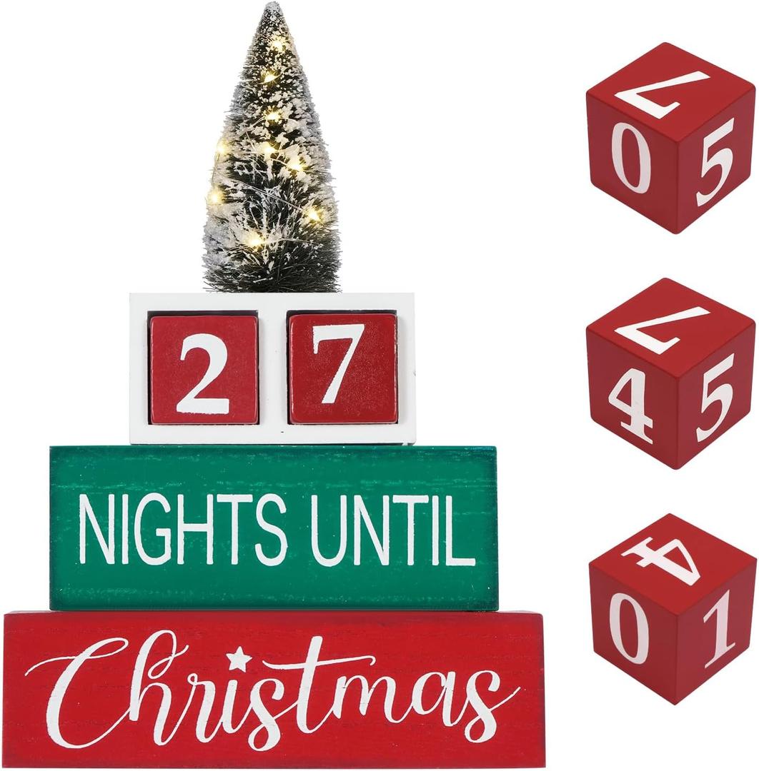 Christmas Countdown Blocks LED Lighted Christmas Tree Advent Calendar with Timer 99 Days Until Christmas Countdown Calendar Wooden Farmhouse Rustic Sign Xmas Party Holiday Decorations for Home