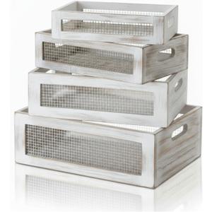 4 Pcs Wooden Nesting Countertop Baskets 4 Size Wooden Storage Box with Handle and Metal Wire Multipurpose Wood Organizer Crate for Fruit Vegetable Kitchen Cabinet Bathroom(White,Small)