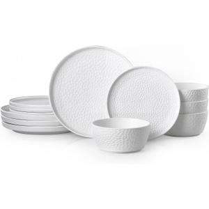 KINGSTONE Ceramic Dinnerware Set, 12-Piece Porcelain Plates and Bowls Set for 4, Matte Black or White, Hammered Texture, Microwave, Dishwasher & Oven Safe, Perfect for Home, Weddings & Gifts
