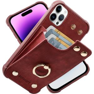 PYTWOPY Compatible for iPhone 15 Pro Wallet Case with Credit Card Holder, Leather Shockproof Protective Phone Cover 6.1 inch Supports 360°Rotation Ring Stand and RFID Blocking, Burgundy