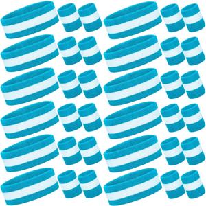 Eurzom 36 Pcs Neon Sports Sweatbands Set Include 12 Striped Sweat Absorbing Headbands 24 Wrist Sweatbands Cotton Wristbands for Men Women Gym Tennis (Blue, White)