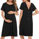 Ekouaer Womens Nursing/Delivery/Labor/Hospital Nightdress Short Sleeve Maternity Nightgown with Button (Medium, Black)