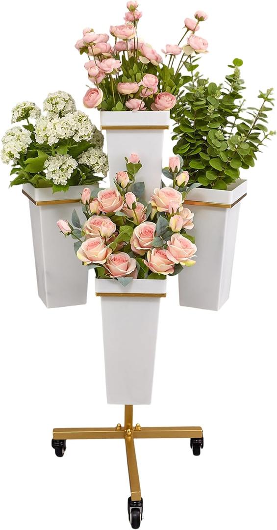 Flower Display Stand with Buckets - Flower Cart with Wheels for Bouquet Shop, Metal Flower Rack Display Stand for Wedding Garden, Party, Events (Gold, Square buckets)