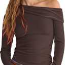 LIYOHON Women's Off The Shoulder Top Long Sleeve Shirts Sexy Slim Blouses Date Night Going Out One Shoulder Tops (Large, Yh-brown)