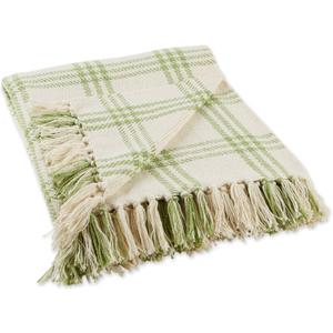 DII Modern Farmhouse Plaid Collection Cotton Fringe Throw Blanket, 50x60, White/Antique Green