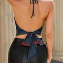 2026 Women's Summer Halter Top V Neck Print Sleeveless Tie Back Mesh Backless Crop Camisoles Tops (Black, S)