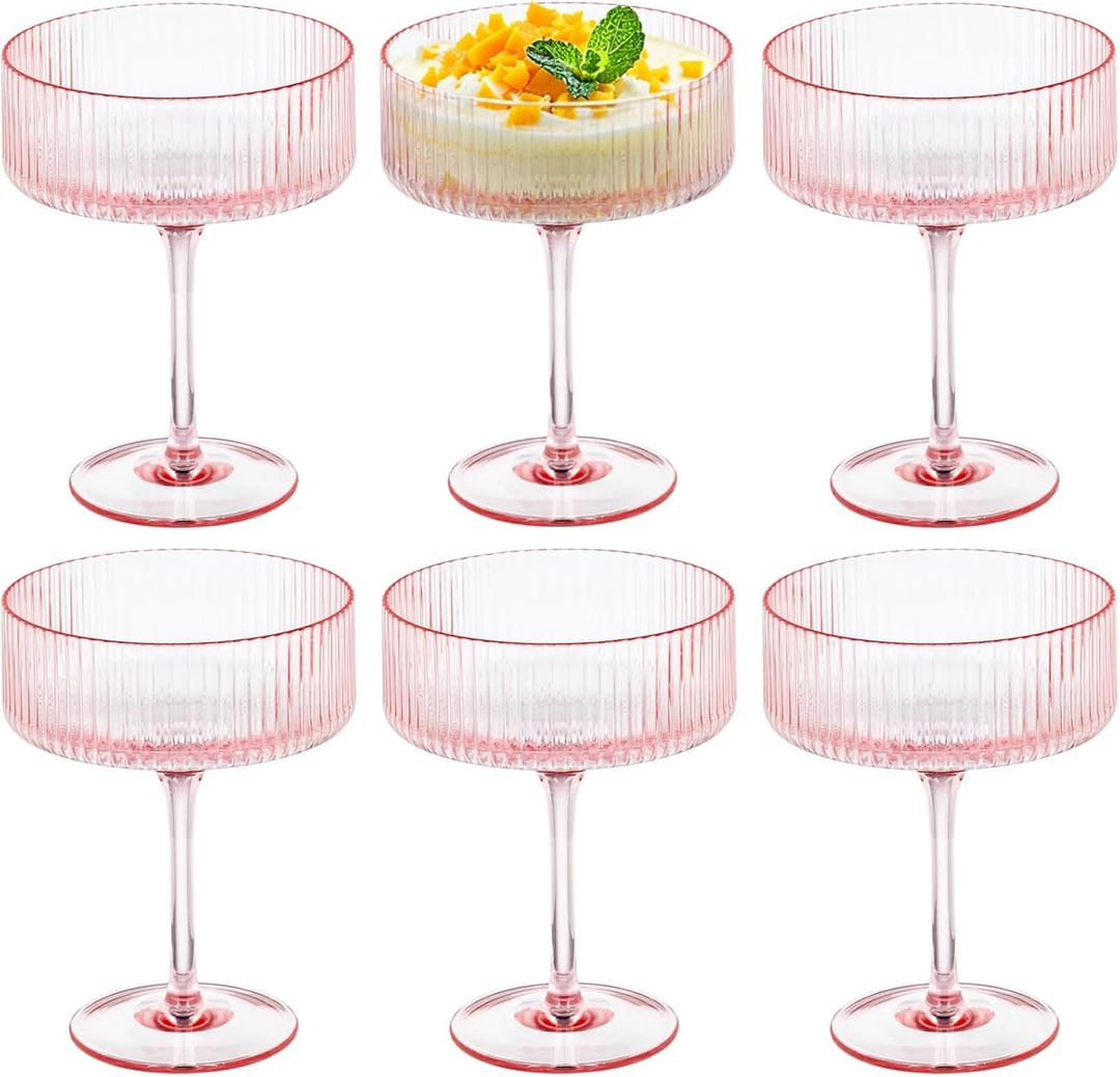 6 Pieces Martini Glasses 10.5oz Plasitc Ribbed Coupe Glasses Champagne Shatterproof Acrylic Vintage Cocktail Glassware Margarita Wine Glasses Disposable Cups for Parties Wedding Anniversary Bar Pink