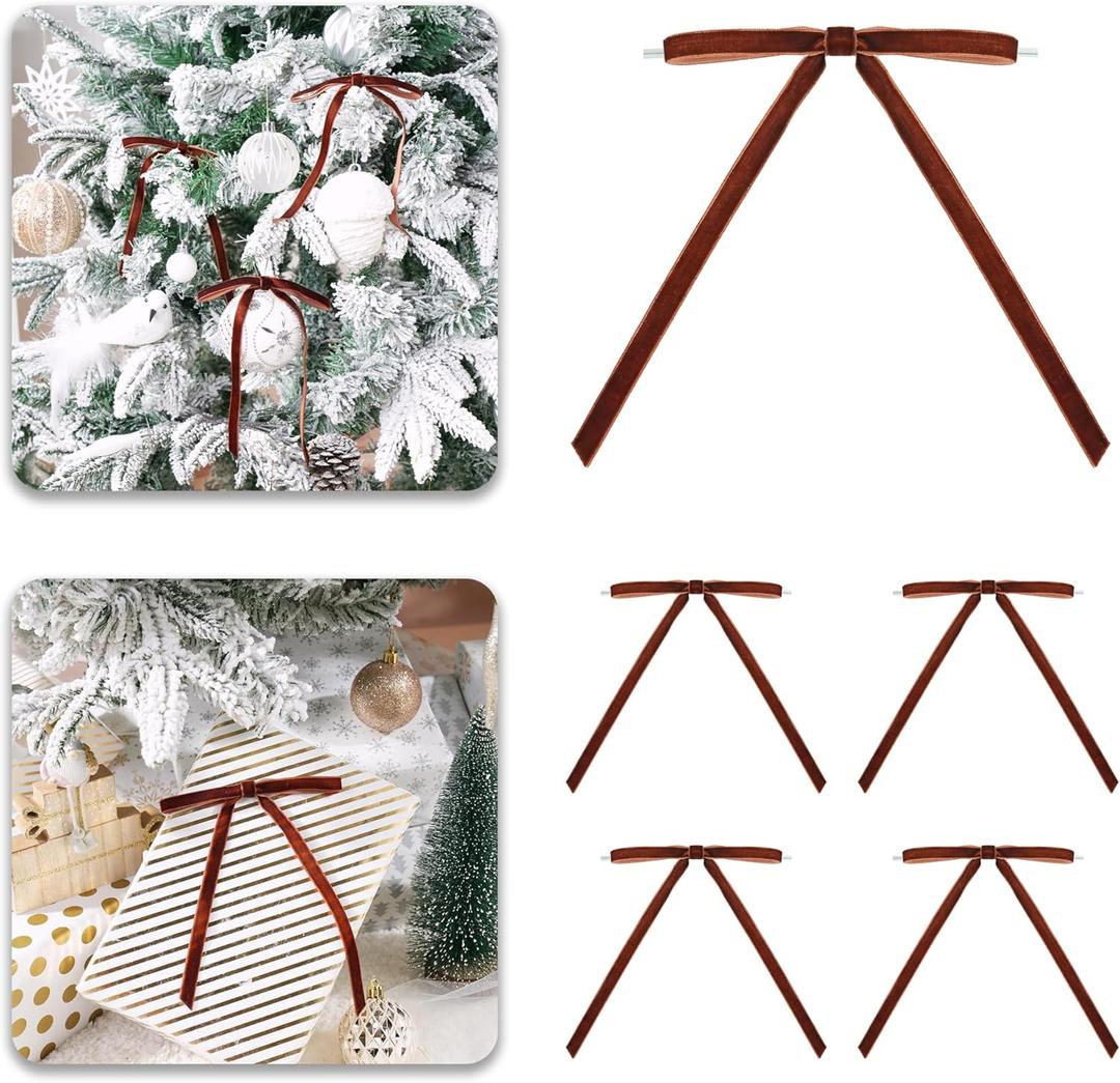 2 x Brown Velvet Ribbon Christmas Bow 5 x 7 Inches Premade Brown Bows for Christmas Tree Hanging Decorations Gift Wrapping Wreaths Crafts Outdoor Indoor Home Decor Wedding, Pack of 24