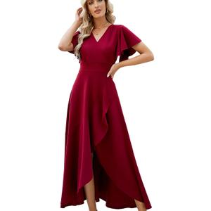 Long Black Formal Dresses for Women Gowns Evening Party Cocktail Dress,Split Elegant V Neck Wrap Ruffle Wedding Guest Dresses (Large, Burgundy)