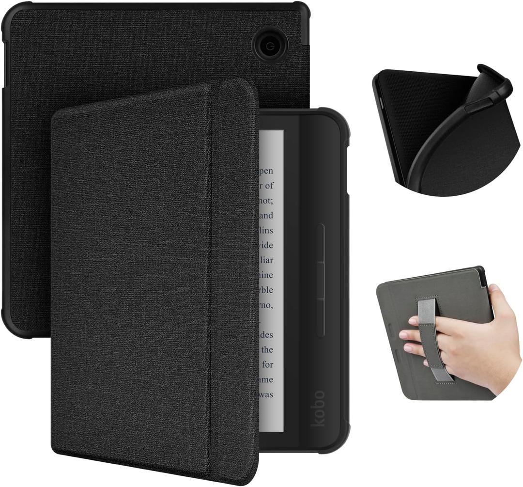 Case for 7" Kobo Libra Colour (2024 Release) & Kobo Libra 2 (2021 Release), Soft TPU Protective Back Cover with Hand Strap and Card Slot, Auto Wake/Sleep, Black
