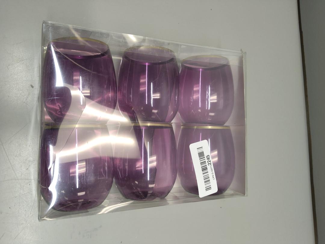 PLASTICPRO 12 Pack Purple With Gold Rim Plastic Wine Glasses Stemless Disposable 12 oz BPA Free Shatterproof Plastic Wine Cups Wine Glasses for Parties