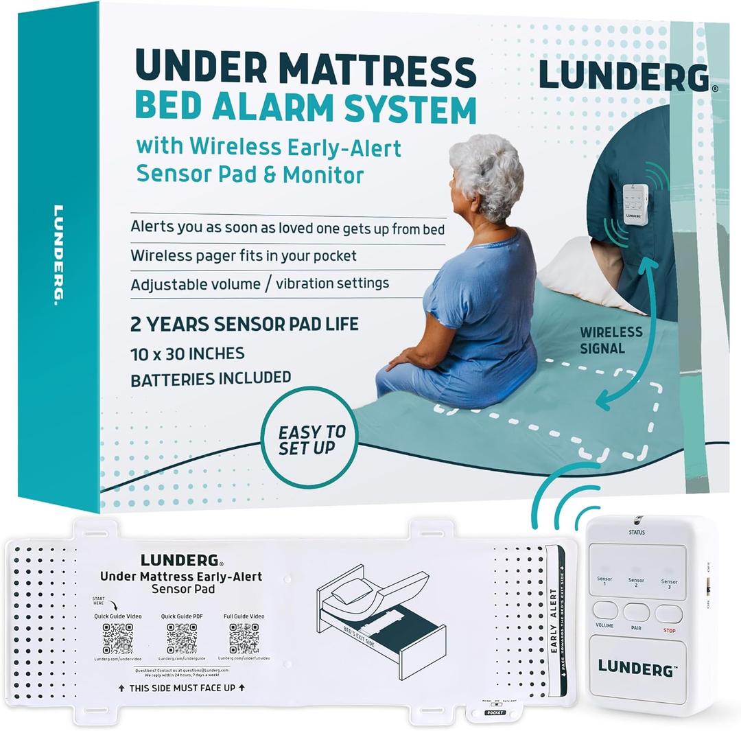 Lunderg Undermattress Bed Alarm for Elderly Adults - Wireless Sensor Pad with Early Alert & Pager - Bed Alarms and Fall Prevention for Elderly and Dementia Patients - Reduces False Alarms