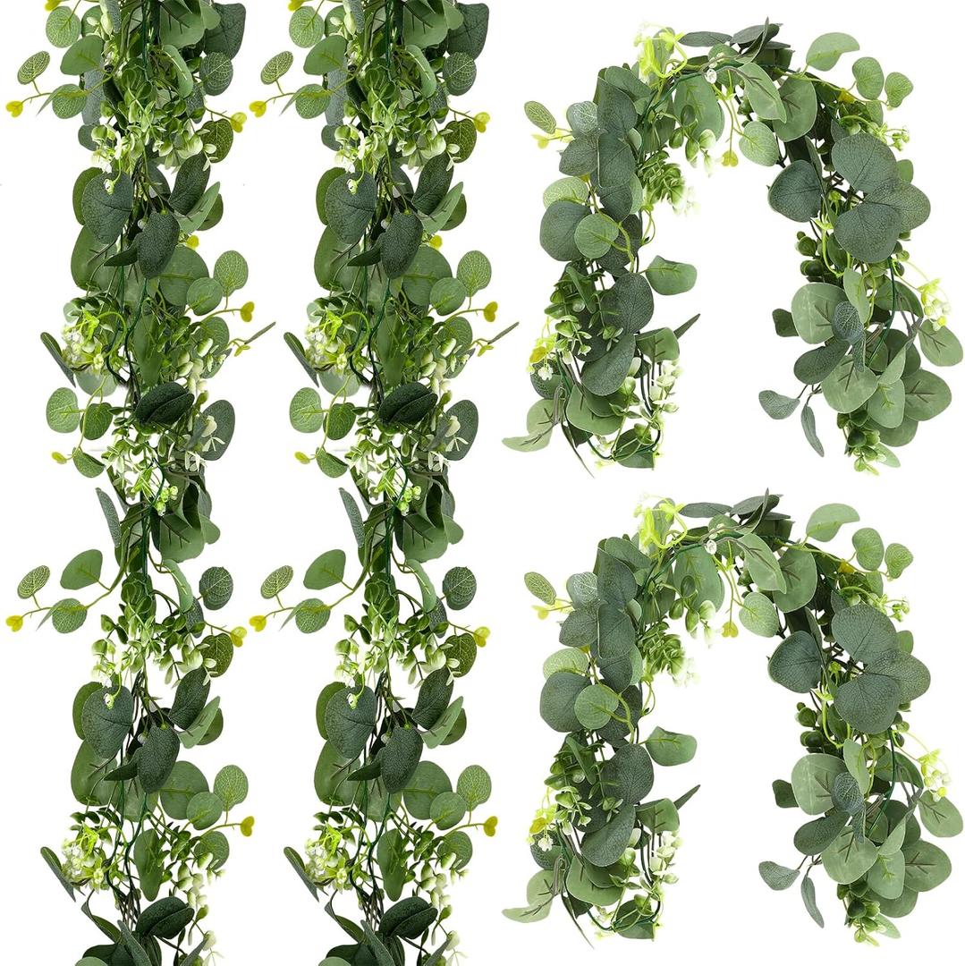 4 Pack Eucalyptus Garland for Table, 5.9ft Faux Garlands Greenery for Centerpieces, Artificial Eucalyptus Garlands for Table Decor, Fake Vine Garland for Wedding Backdrop Arch Wall Decoration