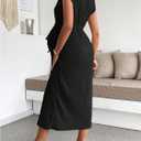 OYOANGLE Women's Maternity Summer Casal Short Sleeve Midi Dress Drawstring Waist Textured Pregnancy T Shirt Dress (Black, M)
