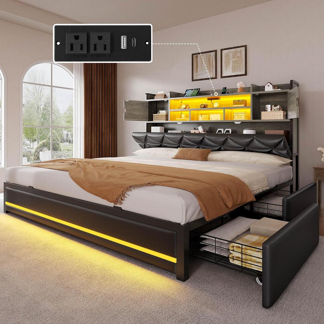 YITAHOME King Size Bed Frame with RGB LED Lights & Storage Bookcase Headboard, Upholstered Bed with Charging Station and 4 Drawers, No Box Spring Needed, Easy Assembly, Noise-Free, PU Leather Black