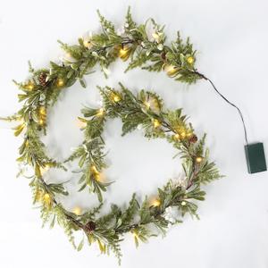 6FT Pre-lit Two-tone Olive Christmas Garland Battery Operated Artificial Greenery Winter Mistletoe Garland with Timer for Mantle, Stairs Railing, Patio, Table, Window, Front Door Holiday Decor