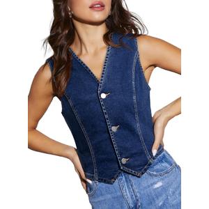 Sidefeel Women's Denim Vest Sleeveless V Neck Zimbaplatinum Jean Vest Top Button Down Crop Waistcoat Vest Summer Outfit (Small)