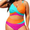 Tempt Me Plus Size Two Piece Swimsuit - Aqua Orange Pink Women High Waisted Bikini Set Tummy Control Bathing Suits 16 Plus
