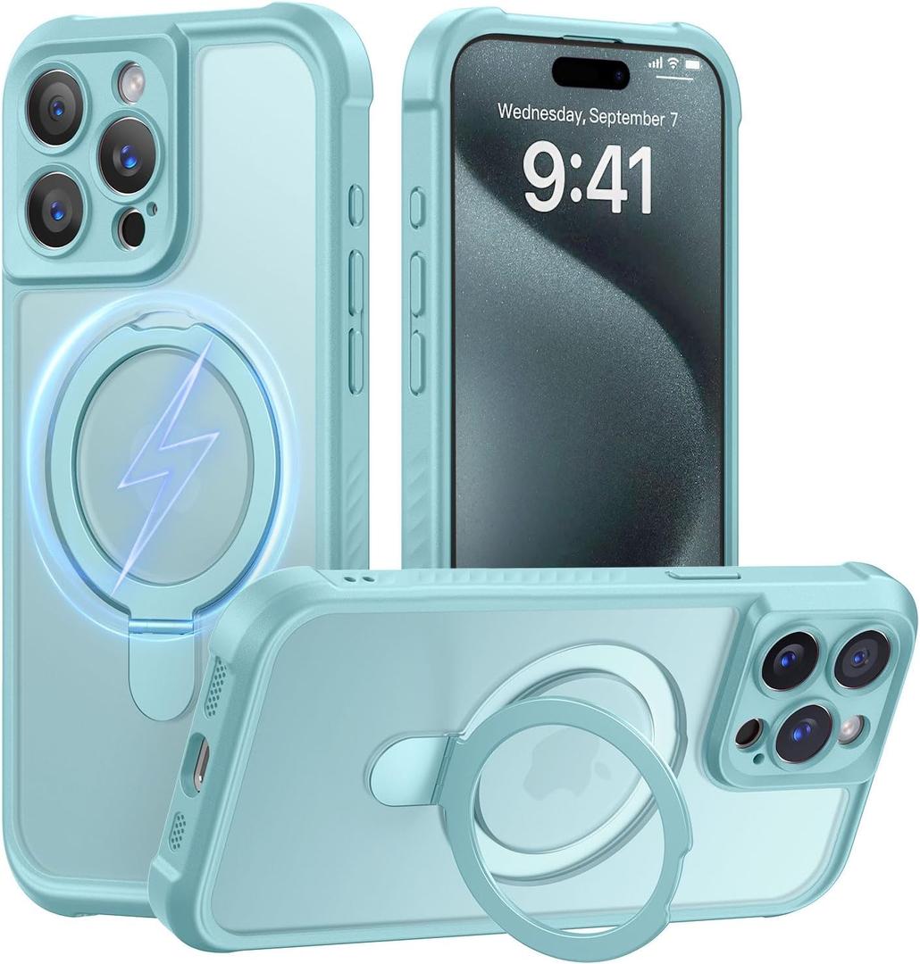 MOCCA Design for iPhone 15 Pro Case with Magnetic Invisible Stand [Full Camera Protection] [Compatible with Magsafe] Military Drop Shockproof Translucent Matte Phone Case Cover 6.1",Blue