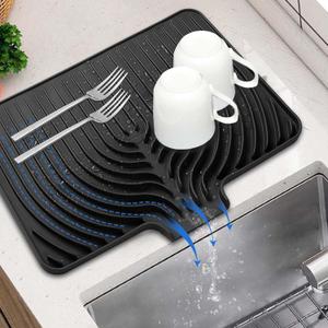 Dish Drying Mat for Kitchen Counter, 17.7" x 11.8" Silicone Dish Drying Pad, Food-Grade Silicone, Easy Clean Pad for Countertop Protection, Multi-Functional Use (Black)