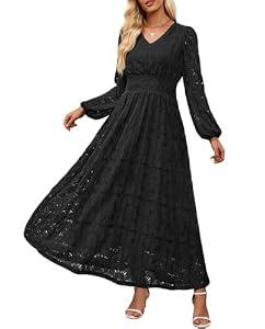 Women's Long Puff Sleeve Floral Maxi Dress V Neck Lace Eyelet Hollow Out A Line Flowy Boho Spring Wedding Guest Party Dresses (US, Alpha, Large, Regular, Regular, Black)