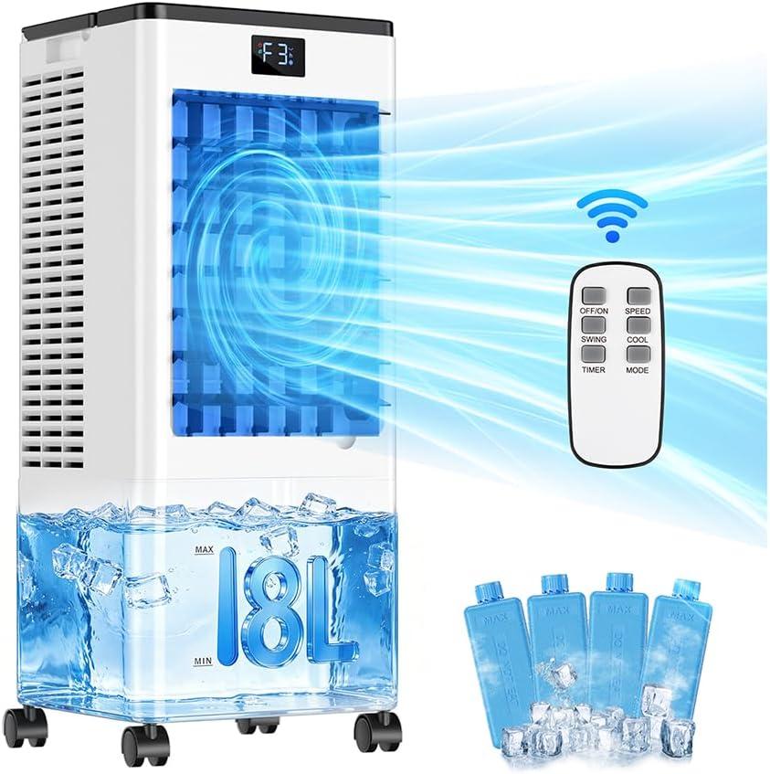Portable Air Conditioners, 8L Evaporative Air Cooler with Remote and LED Display, 60W Energy-Efficient, 3 Speeds & 4 Modes, 12H Timer, 120Oscillation, Portable AC Units for Rooms Bedroom Home Office