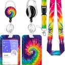 Rainbow Tie Dye Retractable Badge Holders with Lanyard,Retro Swirl Id Card Holder Keychain Vertical ID Protector Clips,Funny Name Tags Clips with Heavy Duty Badge Reel for Women Men