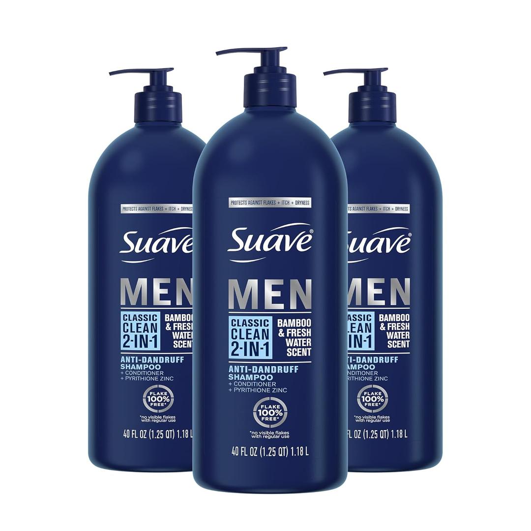 Suave Men 2 in 1 Anti Dandruff Shampoo and Conditioner, Classic Clean with Bamboo scent, 40 oz, Pack of 3