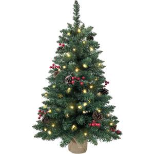 3ft Pre-lit Mini Christmas Tree,Artificial Pine 121 PVC Branches Tips with 11 Red Berries & 11 Pinecone & 70 LED String Lights & Burlap Wrapped Base Decor Xmas Tree for Tabletop,Battery Operated
