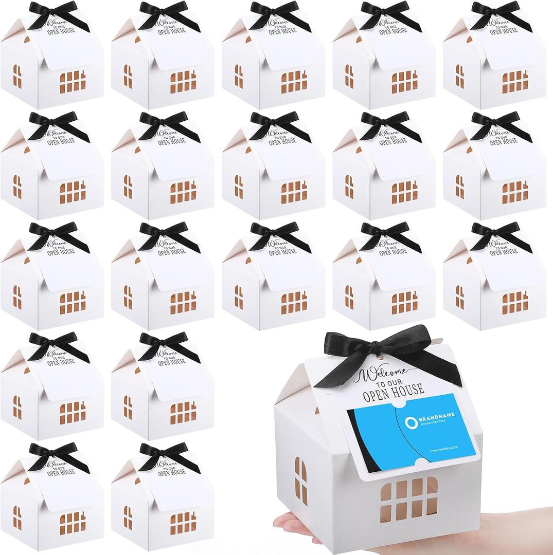 Affrolling 25 Sets Open House Supplies Real Estate Agent Gifts for Clients House Shaped Gift Boxes with Greeting Cards for Real Estate Agent Favors Marketing Supplies (White)