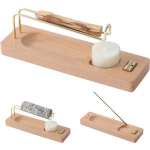 4 in 1 Incense Holder for Burning Palo Santo & Sage Sticks & Insence-Stick and Candle, Lasting Burning Wooden Palo Santo and Sage Burner Smudge Bowl for Yoga Meditation Spiritual Altar