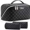 BOYATU Travel Makeup Bag Cosmetic Bags for Women: 3 Pcs Set Large Capacity Make up Bag with Handle - Vegan Leather Toiletry Bags with Compartments - Makeup Organizer for Travel Essentials(A-7-Black)