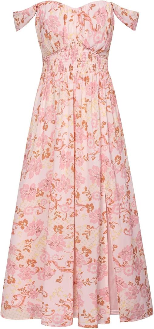 GRACE KARIN 2026 Women's Summer Floral Wedding Guest Dress,Beach Flowy A Line Maxi Off Shoulder Bridesmaid Dresses (Pink, XXL)