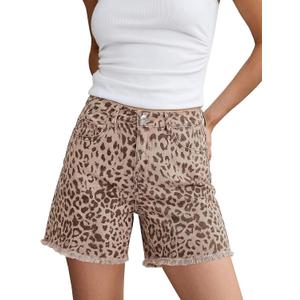luvamia Jean Shorts for Women Trendy High Rise Mid Thigh Cheetah Leopard Print Raw Hem Stretch Denim Casual Summer Jorts, Large