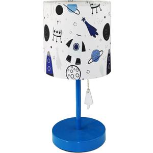 Bedside Desk Table LampPrinted Fabric Shade with Outer Space Theme, Blue Painted Steel Lamp Body, Simple Nightstand Lamp with Pull Switch for Bedroom,Study,Boy Room
