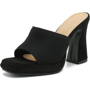 Women's Knit Platform Mule Sandals, Square Toe, Block Heel Slip-On Slides, Chunky High Heel Summer Shoes (8.5, Black)