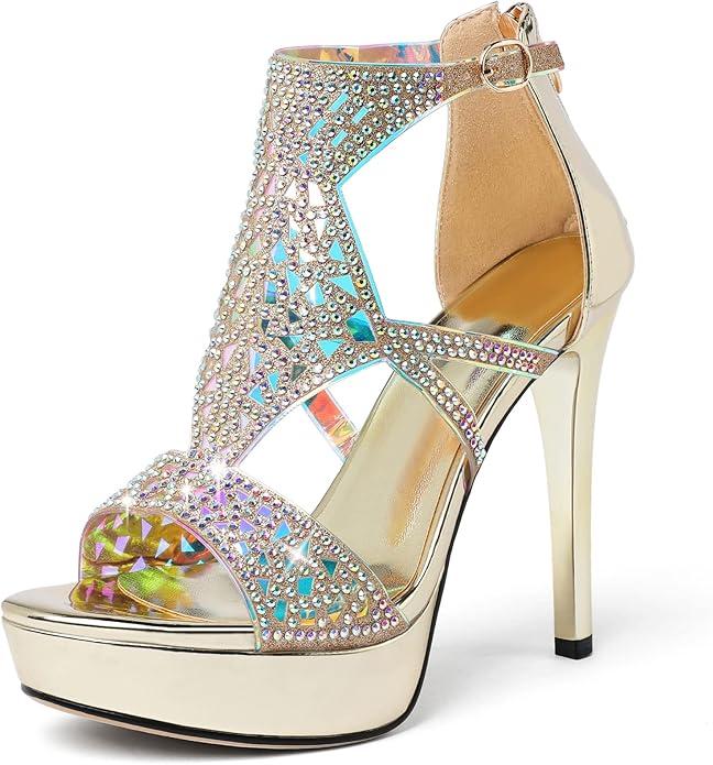 Eldof High Heeled Sandals for Women, Open Toe Strappy Platform Sandals, Cutout Gladiator Heels with Rhinestones, Pumps Shoes for Dress Party Evening Summer(8.5)