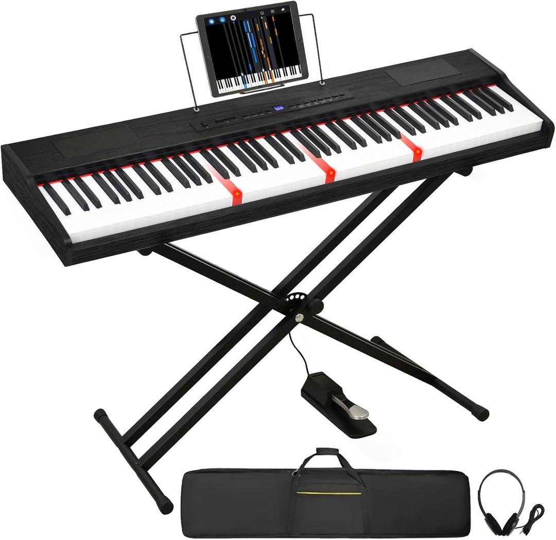 Digital Piano 88 Key Semi Weighted Keyboard, Piano Keyboard 88 Key for Beginners with Lighted Up Keys, Portable Electric Piano with Adjustable Stand,Carrying Case,Sustain Pedal,Headphone (Black)