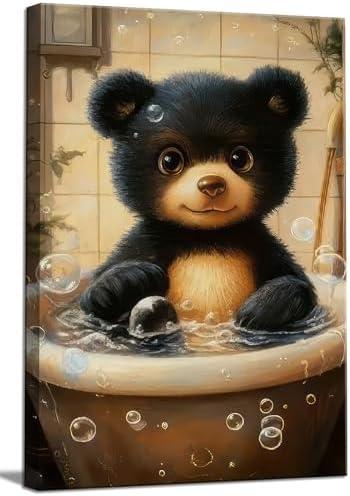 Bathroom Bear Canvas Wall Art Funny Toilet black Baby Bear painting Decor Pictures Nursery Kids Room Animal Posters Prints for living Children Bedroom Classroom Decoration 16x24in