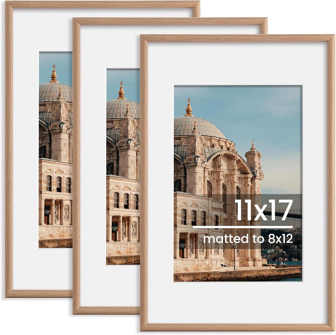 11x17 Picture Frame, Display Pictures 8x12 with Mat or 11x17 Without Mat, Wall Hanging Photo Frame, Walnut, 3 Pack