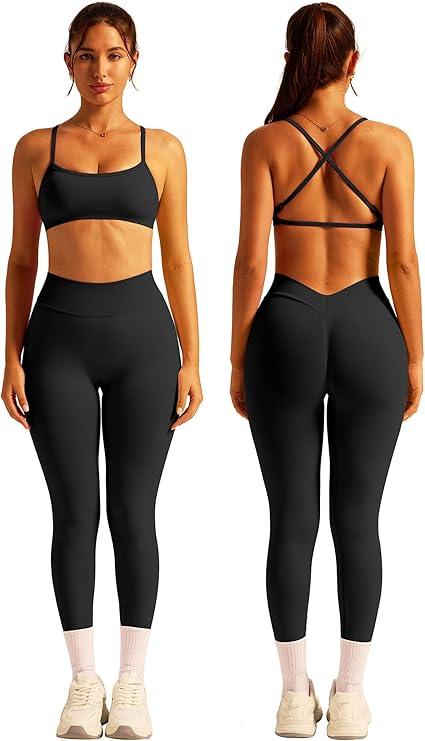 ABOCIW 2 Piece Workout Sets for Women Seamless Strappy Sports Bra V Scrunch Butt Lifting High Waist Leggings Gym Set (Small, Black)