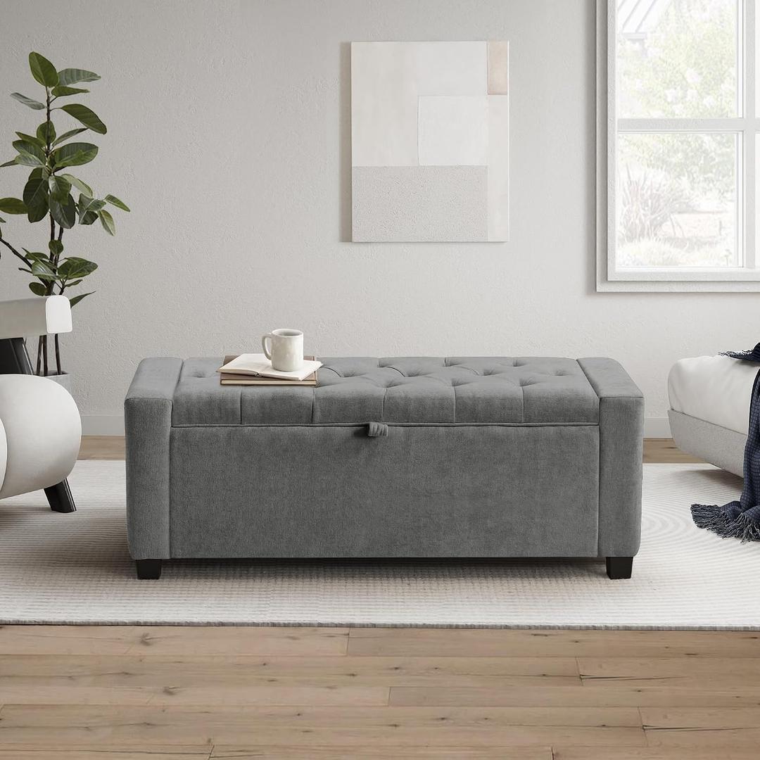 GRAINELL Storage Ottoman Bench, Upholstered Tufted Bedroom Bench with Storage, End of Bed Storage Bench for Living Room & Entryway, 350 lb Capacity, Linen Light Gray, 15.35 x 43.3 x 23 inches